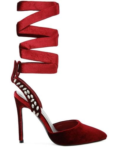 Rag & Co Wallis Burgundy Velvet Diamante Stud Tie Up Sandals - Red