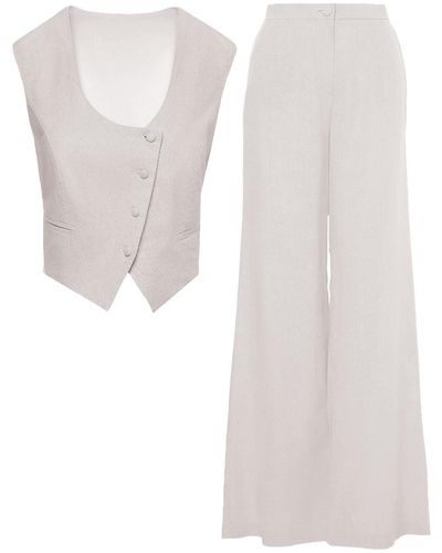 BLUZAT Neutrals Ivoire Linen Suit With Cut-out Vest And Straight Pants - White