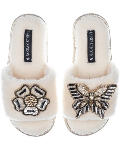 Laines London Teddy Towelling Slipper Sliders With Butterfly & Flower Brooches - Metallic