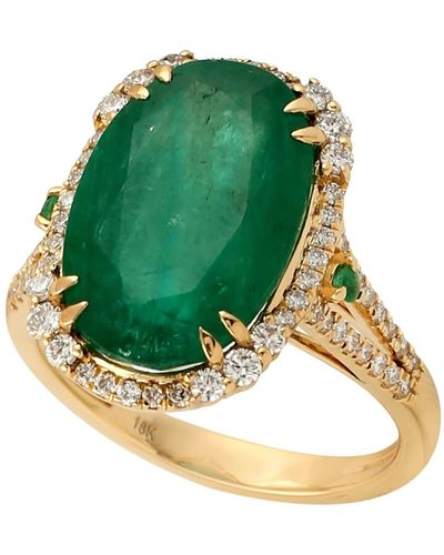 Artisan Oval Shape Natural Emerald Cocktail Ring Natural Diamond Gold Jewelry - Green