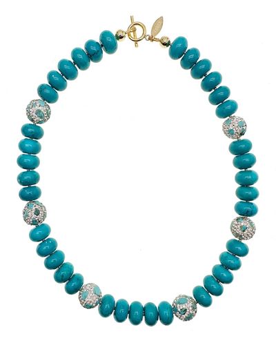 Farra Turquoise With Rhinestones Bordered Short Necklace - Blue