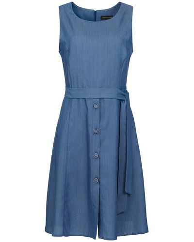 Conquista Sleeveless Dress With Belt & Button Detail - Blue