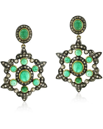 Artisan 14k Gold 925 Silver With Round Emerald & Diamond Dangle Earrings - Green
