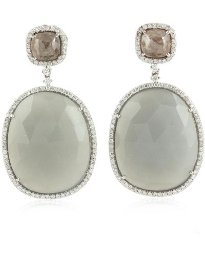 Artisan 18k Solid Gold Blue Moonstone Dangle Earrings Diamond - Grey