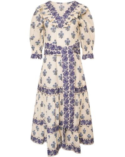 LAtelier London Coletta Blue Floral Block Print Cotton Midi Dress - Multicolour