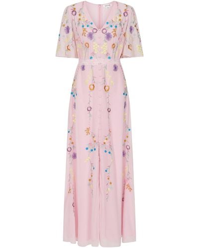 Frock and Frill Irisa Embroidered Button Through Maxi Dress - Pink