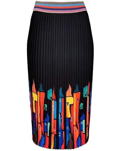 Lalipop Design Black Midi Pleated Skirt With Colorful House Prints
