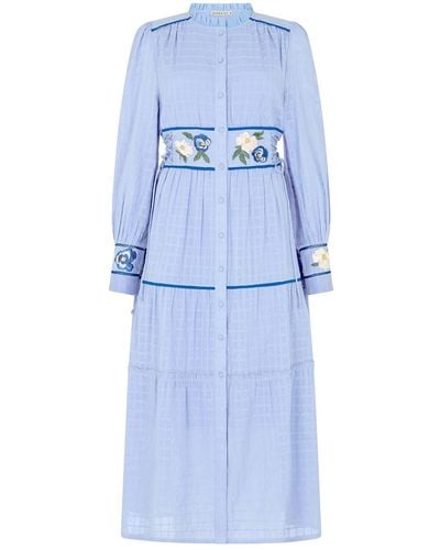 Hope & Ivy The Melissa High Neck Front Button Embroidered Midi Dress - Blue