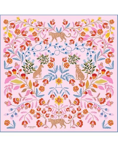Jessie Zhao New York Double Sided Silk Scarf Of Pink Blossom Jungle - Red