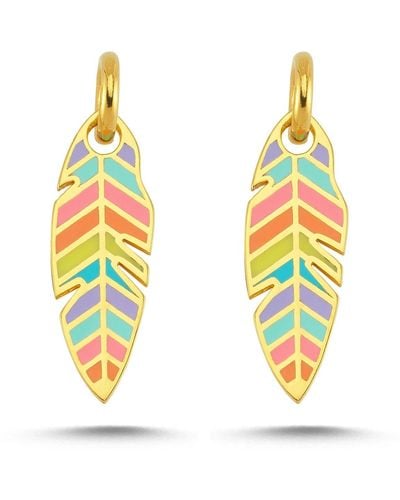 Spero London Feather Leaves Rainbow Enamel Hoop Earrings - Yellow