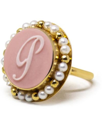 Vintouch Italy Gold Vermeil Pink Cameo Pearl Ring Initial P