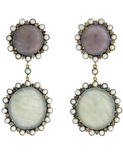 Artisan Multi Sapphire & Pearl Pave Diamond In 18k Solid With Silver Beautiful Earrings - Metallic