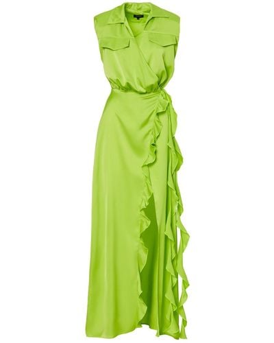 BLUZAT Neon Maxi Dress With Oversized Shoulders And Ruffled Slit - Green