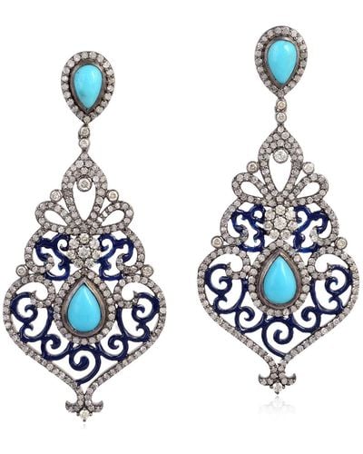 Artisan Turquoise Pave Diamond 18k Gold Sterling Silver Dangle Earrings Jewelry - Blue