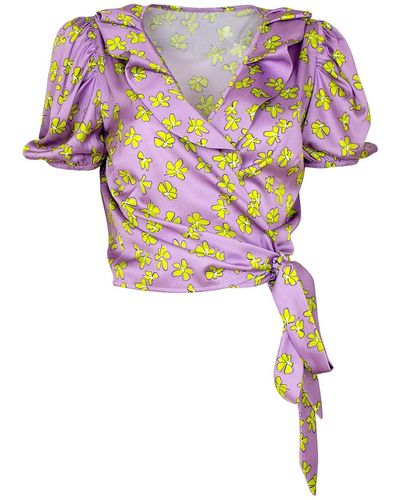 Lalipop Design Lilac Floral Print Double-breasted Puff Sleeve Satin Blouse - Pink