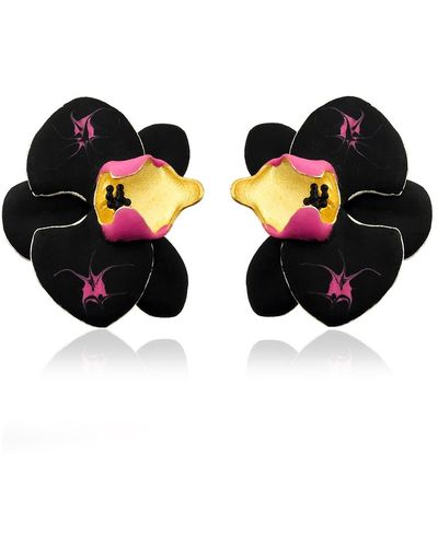 Milou Jewelry & Fuchsia Pink Orchid Flower Earrings - Black