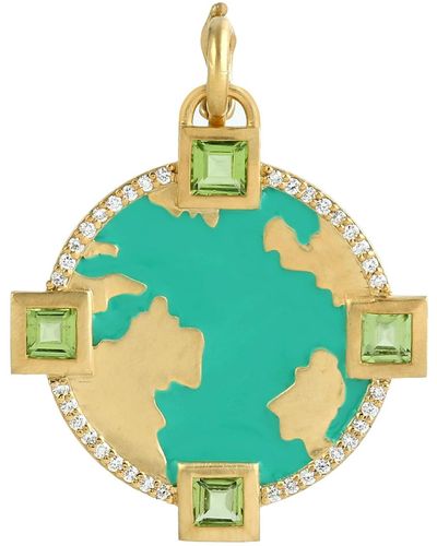 Artisan 14k Yellow Gold With Square Peridot & Diamond Enamel World Map Design Pendant - Green