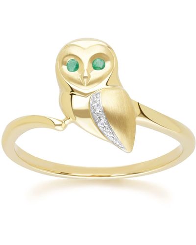 Gemondo Gardenia Emerald & White Sapphire Owl Ring In Yellow Gold - Metallic