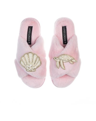 Laines London Classic Laines Slippers With Pearl Beaded Turtle & Shell Brooches - Pink