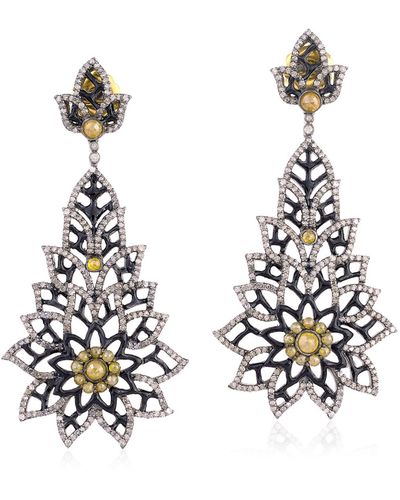Artisan Natural Pave Diamonds Made In 18k Gold & Silver Snow Flakes Shaped Dangle Earrings - White