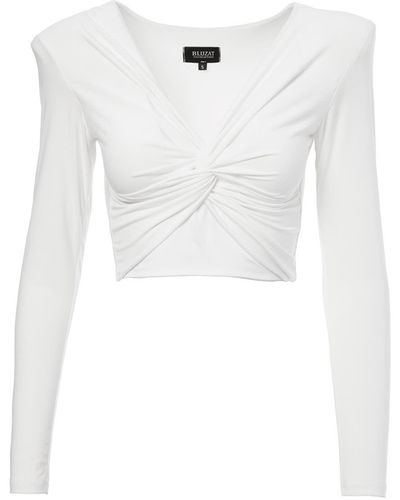 BLUZAT Ivory Crop Top With Knot - White