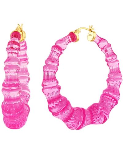 Gold & Honey Hot Pink Bamboo Lucite Hoop Earrings