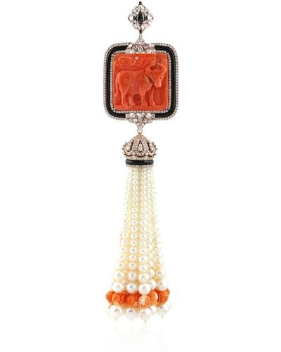 Artisan 18k Rose Gold In Carved Coral & Onyx With White Sapphire Pearl Pave Diamond Beaded Tassel Pendant - Orange