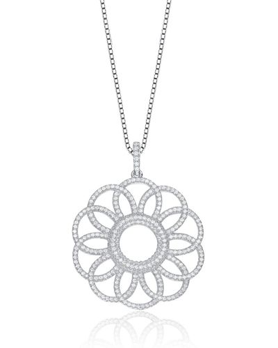 Genevive Jewelry Sterling Silver White Cubic Zirconia Floral Pendant Necklace - Metallic