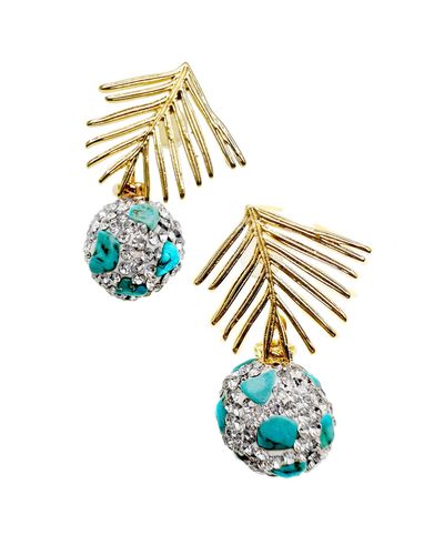 Farra Gold Leaves With Turquoise Rhinestone Earrings - Blue