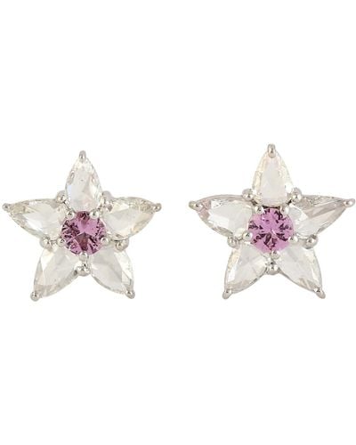 Artisan Natural Rose Cut Diamond & Pink Sapphire In 18k White Gold Mini Flower Stud Earrings