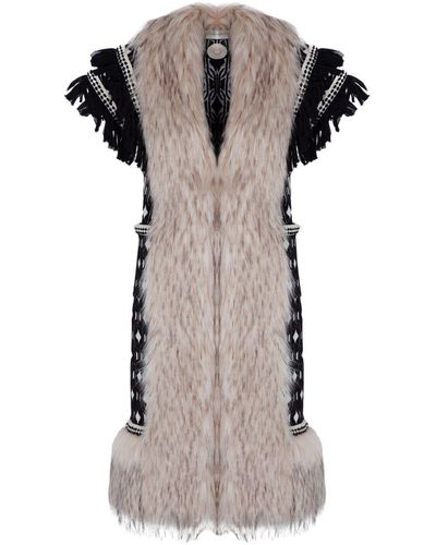 The Extreme Collection Alpaca Merino Wool And Cotton Without Sleeves Longline Coat Vegan Fur Details Casandra - Natural