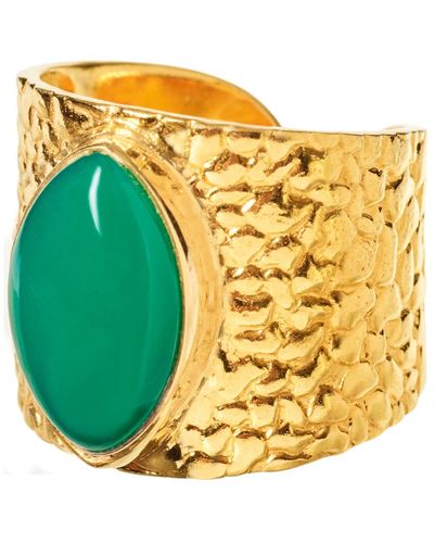 YAA YAA LONDON Juicy Green Onyx Gemstone Gold Adjustable Ring - Yellow
