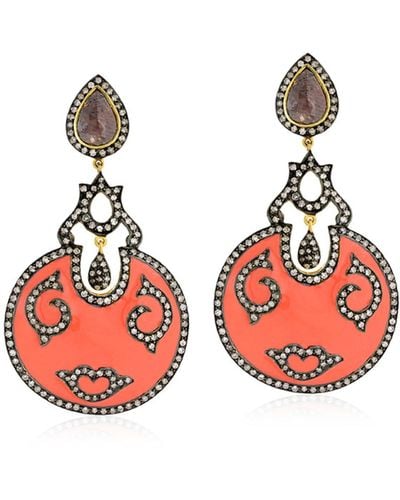 Artisan Natural Ice Pave Diamond In 18k Gold With 925 Sterling Silver Enamel Dangle Earrings - Red