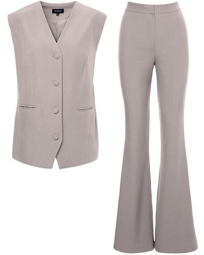 BLUZAT Neutrals Suit With Oversized Vest And Flared Pants - Gray