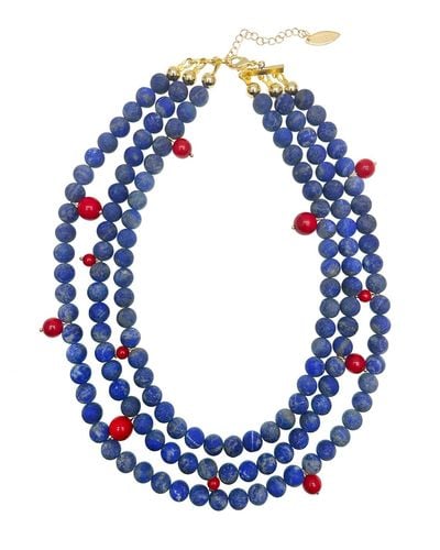 Farra Multi-layers Matte Blue Lapis With Red Coral Statement Necklace