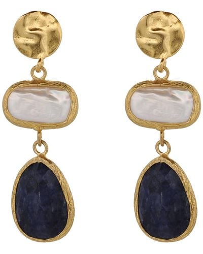 Ebru Jewelry Vintage Style Pearl & Sapphire Gemstone Gold Earrings - Blue
