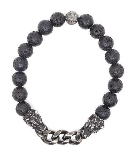 Shar Oke Stainless Steel Panther & Black Natural Lava Beaded Bracelet