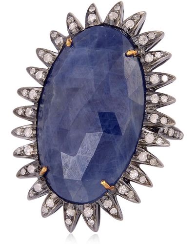 Artisan Blue Sapphire Diamond 18k Gold 925 Sterling Silver Designer Ring Jewelry