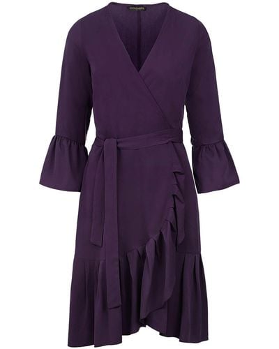 Conquista Aubergine Blue Wrap Dress Viscose With Bell Sleeves. - Purple