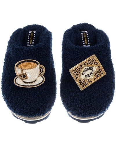 Laines London Teddy Towelling Closed Toe Slippers With Tea & Biscuit Brooches - Blue