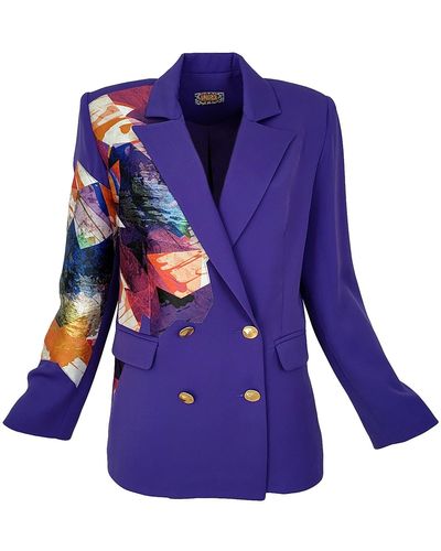 Lalipop Design Double Breasted Jacket Embellished With Laser-cut Abstract Print Jacquard - Blue