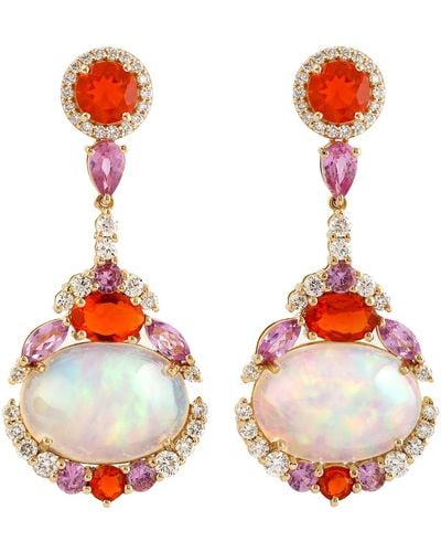 Artisan Ethiopian Opal & Fire Opal With Pink Sapphire Pave Diamond In 18k Gold Luxury Dangle Earrings - Orange