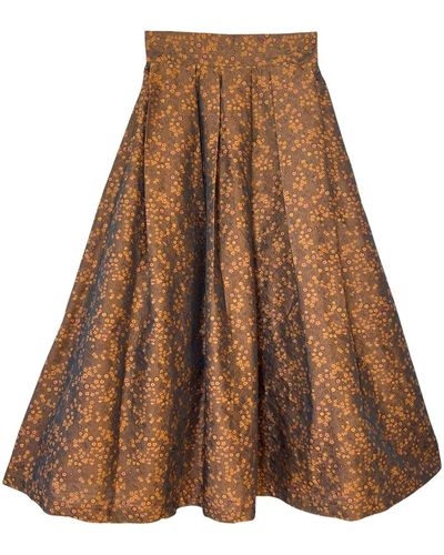 L2R THE LABEL Floral Brocade Midi Skirt In Caramel Brown