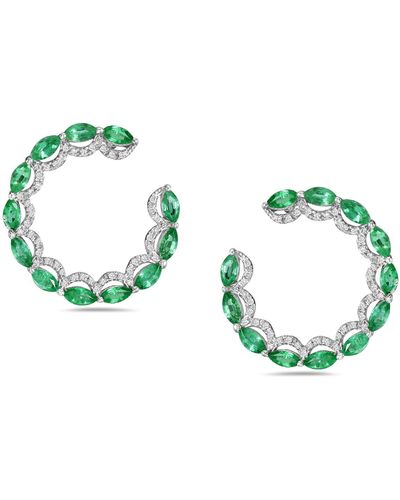 Artisan 18k Solid White Gold With Marquise Shape Emerald & Diamond Antique Dangle Earrings - Green