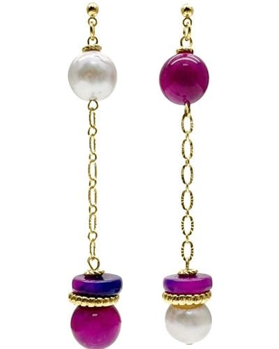 Farra Grey Freshwater Pearls And Magenta Gemstone Dangle Earrings - Purple