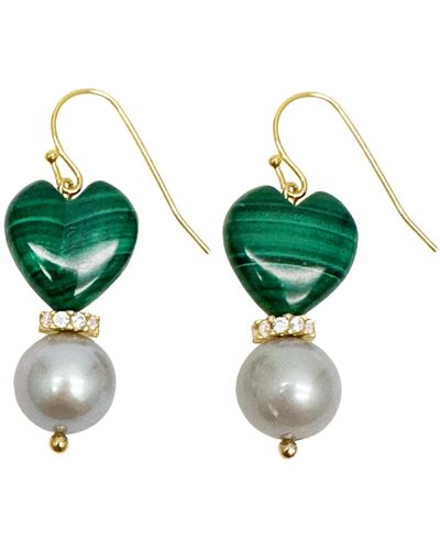 Farra Heart Malachite With Grey Freshwater Pearls Dangle Earrings - Green