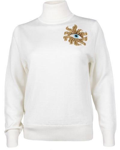 Laines London Neutrals Laines Couture Mystic Eye Embellished Knitted Roll Neck Jumper - White