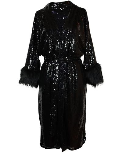 Jennafer Grace Onyx Sequin Faux Fur Koi Kimono - Black