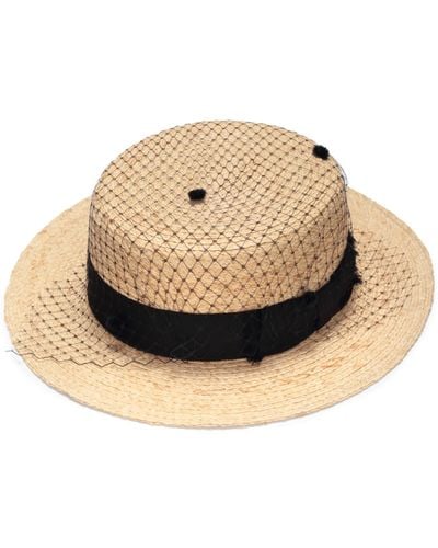 Justine Hats Neutrals Straw Boater Hat With Veil - Black