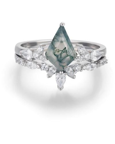 Azura Jewelry Nebula Nights Moss Agate Ring Set White Gold Vermeil - Metallic